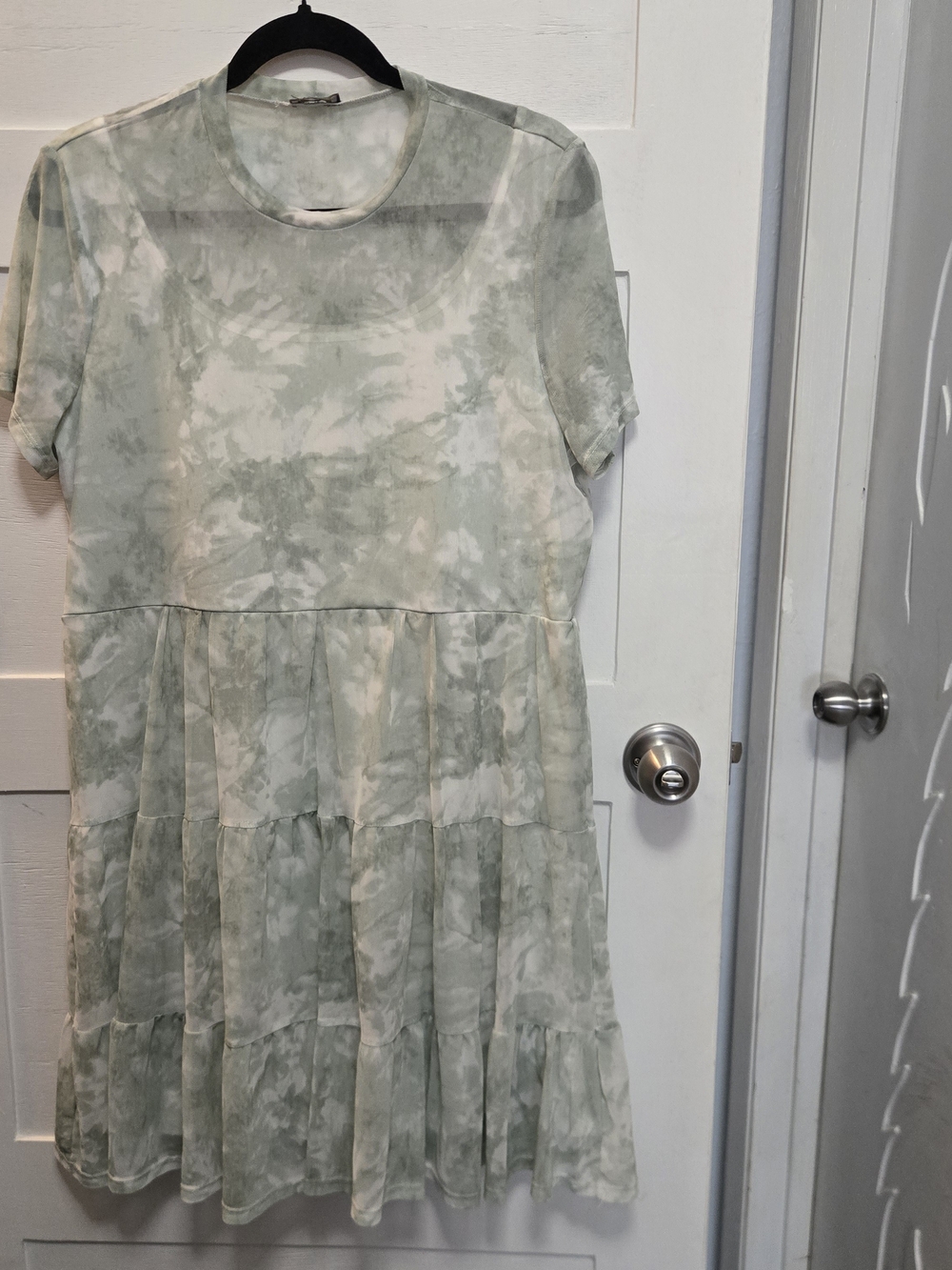 Lily Rose Sage and Cream Tie-Dye Tiered Short Sleeve Dress